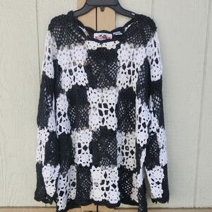 Vintage 90s Crochet Granny Square Black White Retro Swim Coverup Coastal Medium